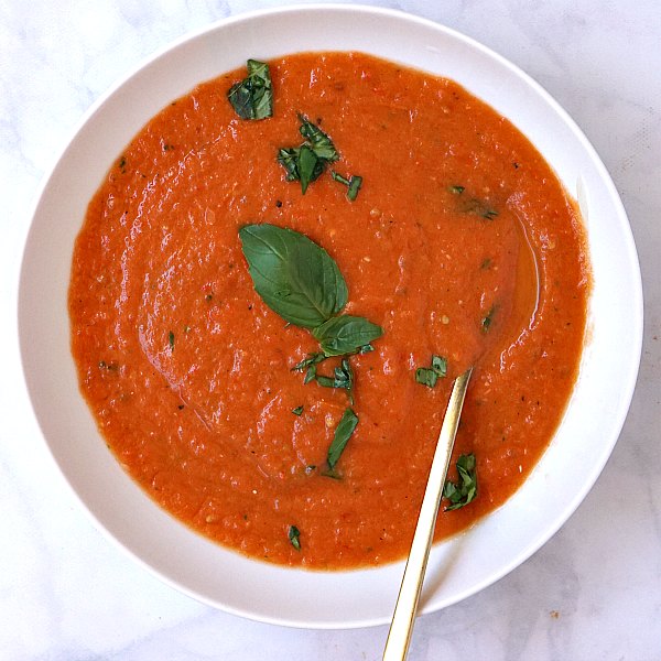 Fresh tomato soup with basil A bowl of fresh tomato basil soup made from fresh tomatoes and bell pepper.