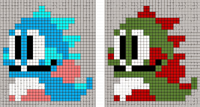 Bubble Bobble dragon pixel sprite in Christmas colors