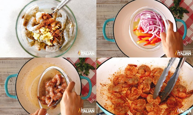 Cajun Shrimp Pasta step by step cooking veggies and tossing shrimp