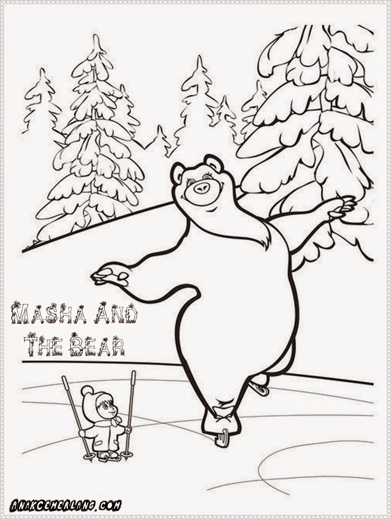 gambar mewarnai masha bermain ski dengan beruang