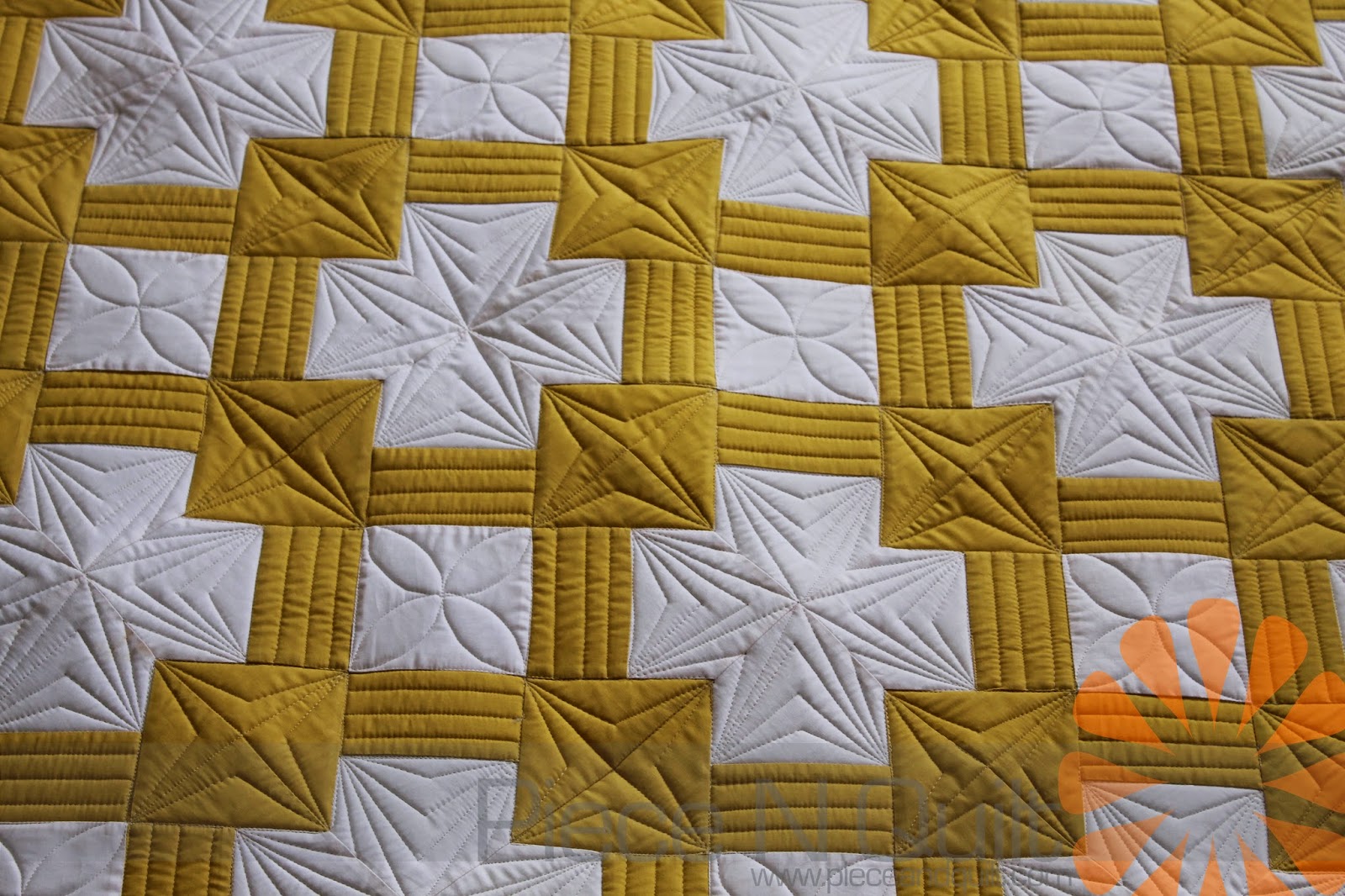 Piece N Quilt Mustard & White Quilt Custom Machine Quilting by