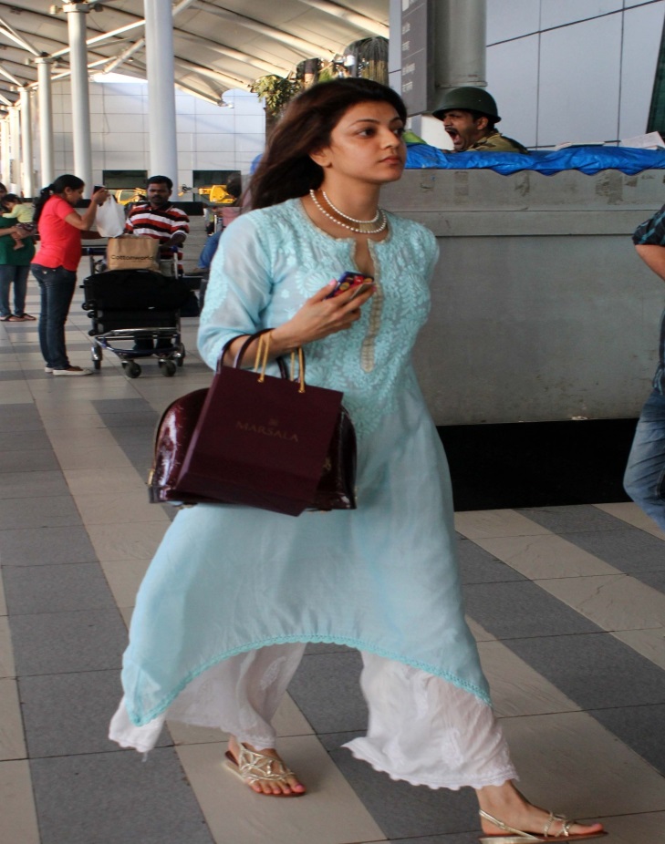 Kajal Agarwal At Airport Without MakeUp Face Stills In Blue Dress