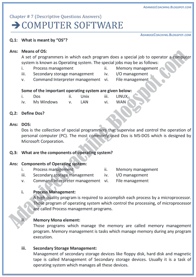 Adamjee Coaching Computer Software Descriptive Question Answers