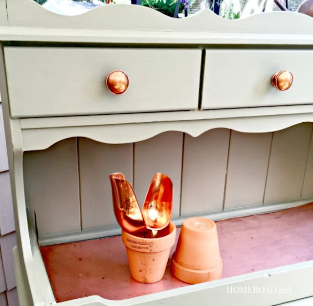 A Vintage Copper Hutch Potting Bench  with copper accessories