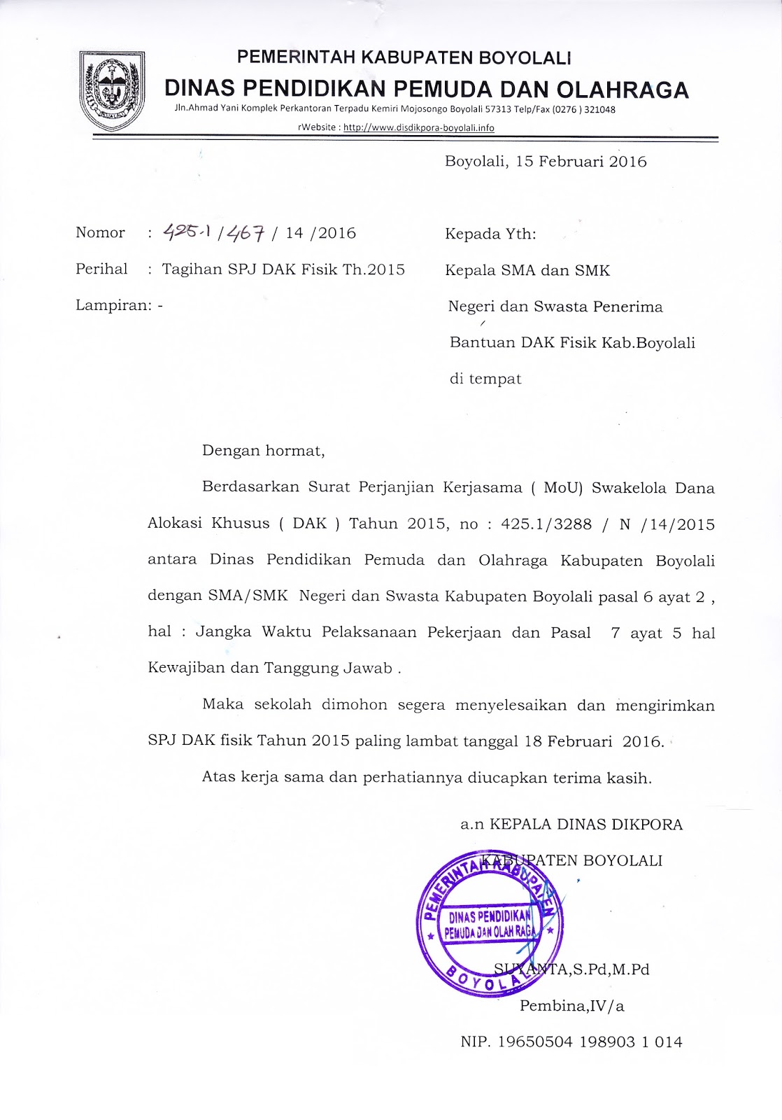 INFO SMA SMK KABUPATEN BOYOLALI TAGIHAN SPJ DAK FISIK
