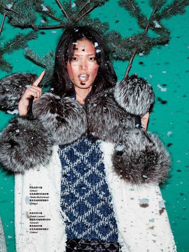 Grazia China December 2015, Zheng Xiao Meng 鄭曉萌 Céline 2015 AW Big Fur Pompoms Scarf Editorials