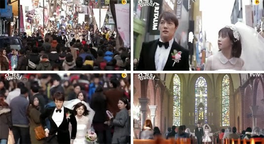 Choi Jin Hyuk 윤종훈 as Oh Chang Min and Song Ji Hyo 송지효 as Oh Jin Hee, run through the crowded streets in tuxedo and wedding dress. / The couple stands before a church congretation.