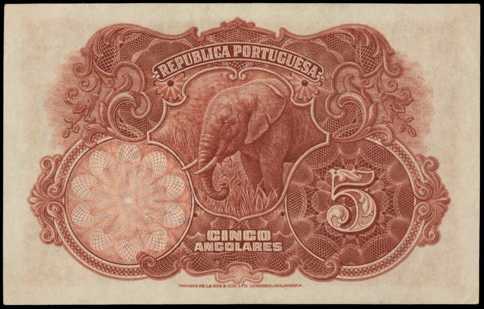 Angola 5 Angolares banknote 1926 Elephant