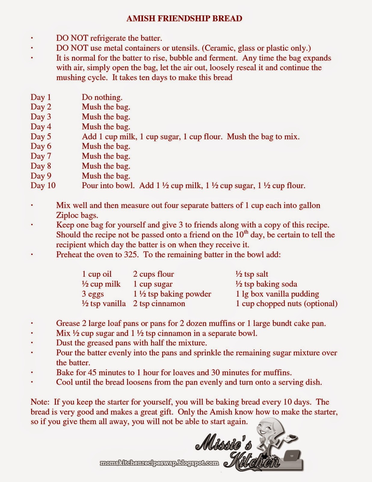 Printable Amish Friendship Bread Recipe