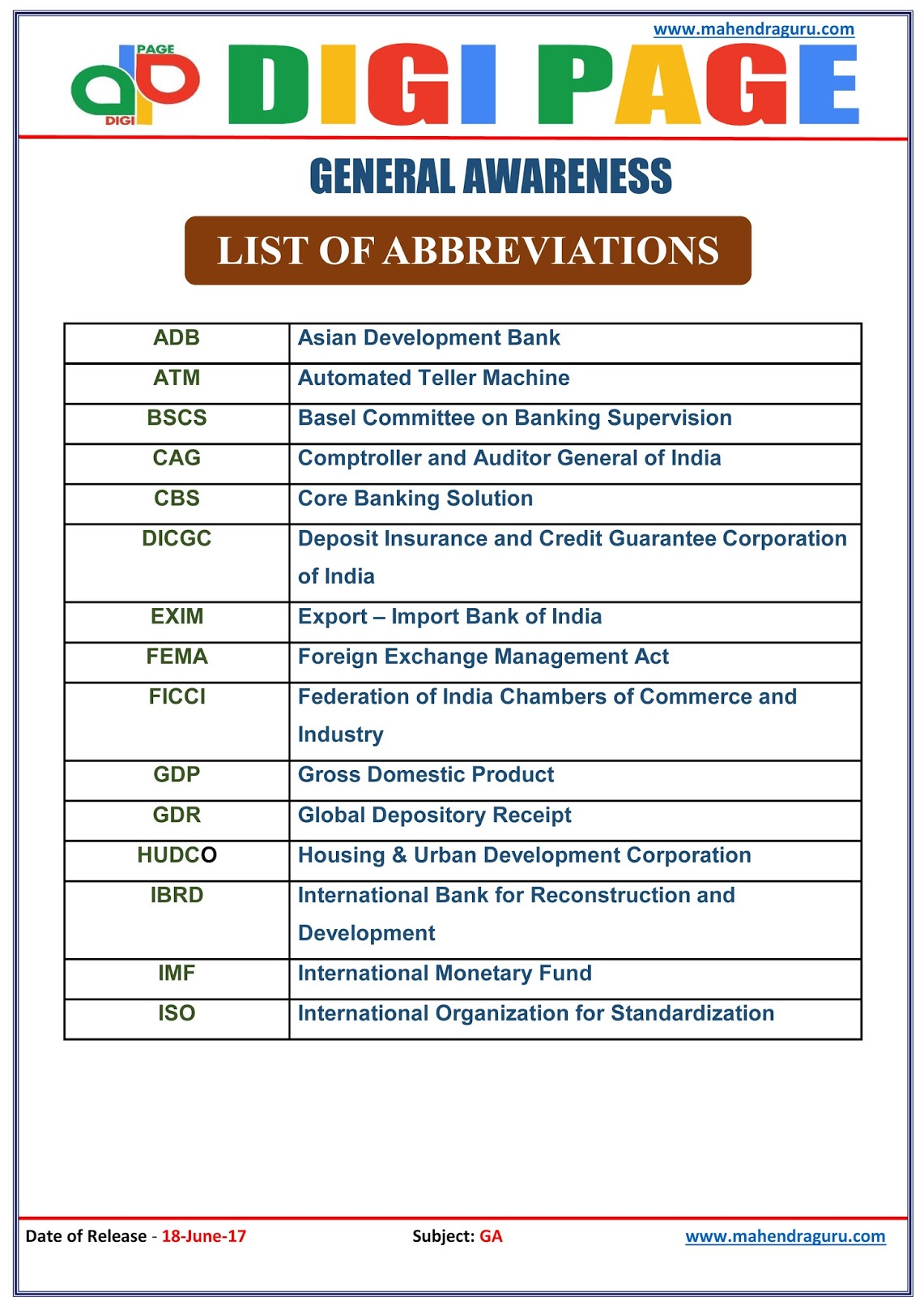 DP LIST OF ABBREVIATIONS 18 JUNE 17