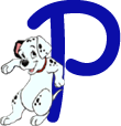 Alfabeto de personajes de Disney con letras azules P.