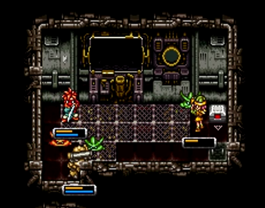 Crono, Lucca, and Robo battle monsters in the Derelict Factory of 2300 AD