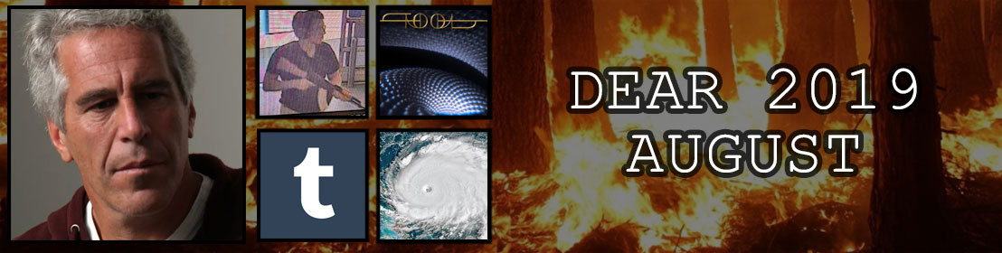 Dear 2019, August: Amazon rainforest is on fucking fire; Jeffrey Epstein didn't kill himself; El Paso shooting; Tool finally release a new album; Tumblr sinks; Hurricane Dorian destroys