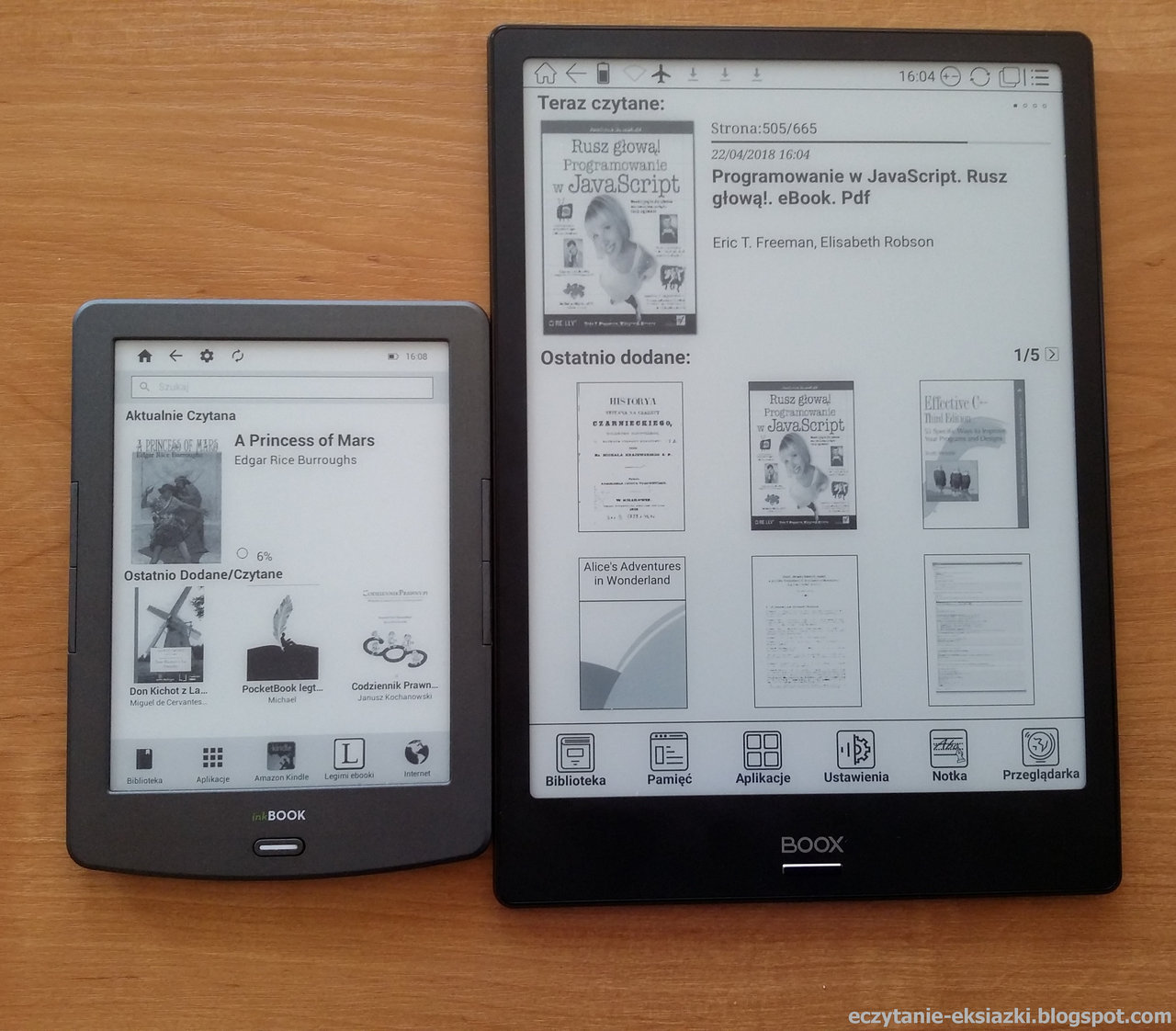 Porównanie ekranów startowych w InkBOOK Classic z Androidem. 4.2.2 i Onyx Boox Note z Androidem 6.0.1