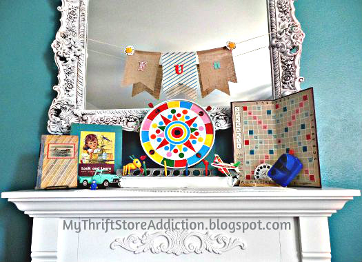 Nostalgic mantel featuring a chicken feeder and vintage toys: mythriftstoreaddiction.blogspot.com Vintage chicken feeder and toy mantel