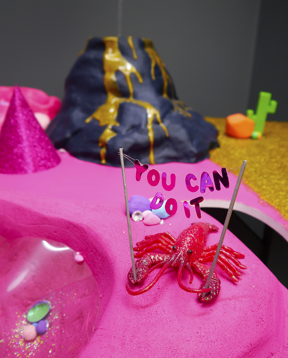 Top Five DJCAD Degree Show Picks: Alice Carnegie Top Five, best bits, degree show picks, dundee, Dundee blogger, Scottish blogger, Scottish art school, Illustration, colourful scene, dinosaur, positive vibes, Alice Carnegie, Allolune, lobster, pink, you can do it