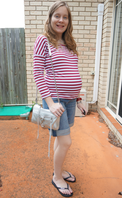 Atmos&here stripe tee long sleeve berry white maternity denim shorts