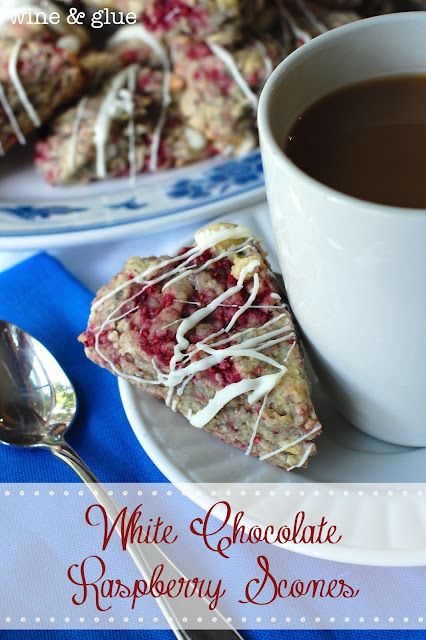 White Chocolate & Raspberry together in a soft, moist, delicious little Scone! via www.wineandglue.com