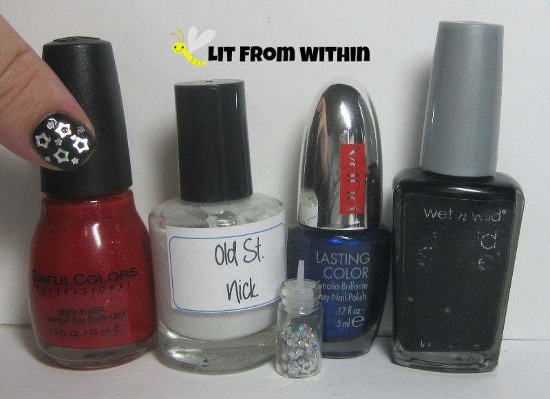 Bottle shot:  Sinful Colors Embers Only, LynBDesigns Old St. Nick, and Pupa 701, and Wet 'n Wild Black Creme