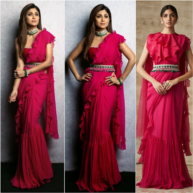 Shilpa Shetty in a Red Sari by Designer Ridhi Mehra 