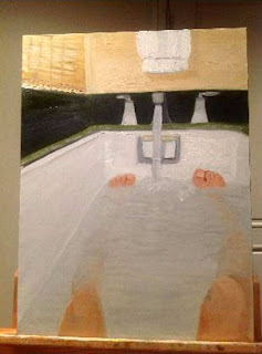 Painting of man's legs in a bathtub. Description follows in caption.