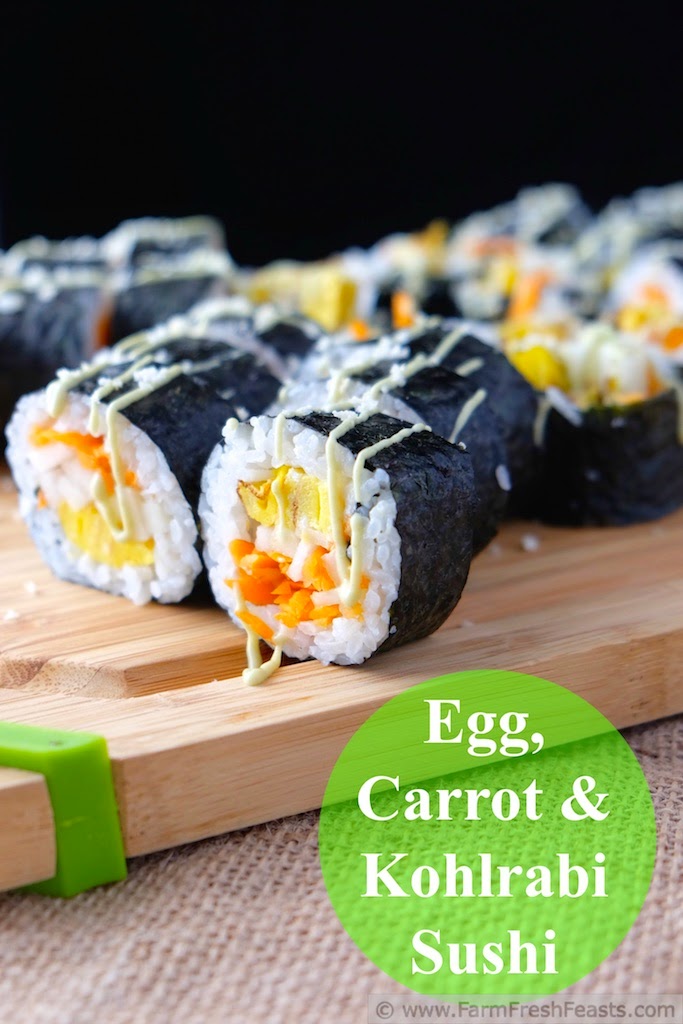 Recipe for a Japanese-style rolled omelet with farm share kohlrabi and carrots that makes a vegetarian sushi roll.