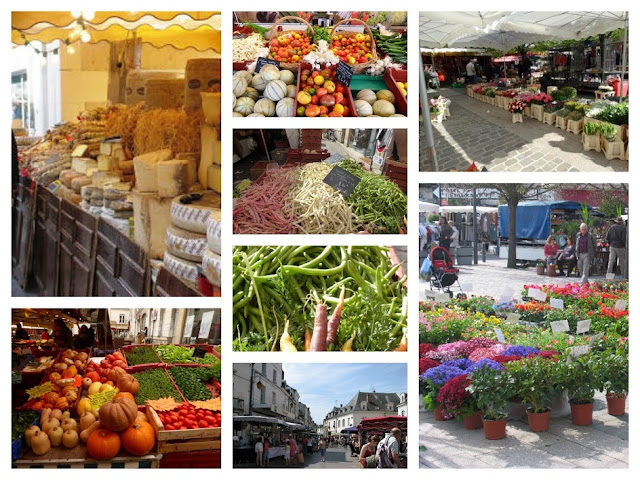 images of produce on display at Loches market in Southern Touraine