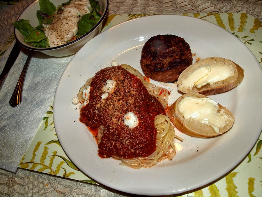 Pellet Smoker Cooking Italian Sausage Patties and Spaghetti