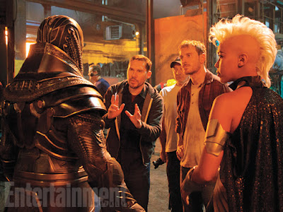 Oscar Isaac, Alexandra Shipp, Michael Fassbender and Bryan Singer on the set of X-Men Apocalypse