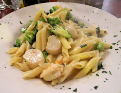 Ziti with shrimp. scallops & broccoli in a garlic cream sauce