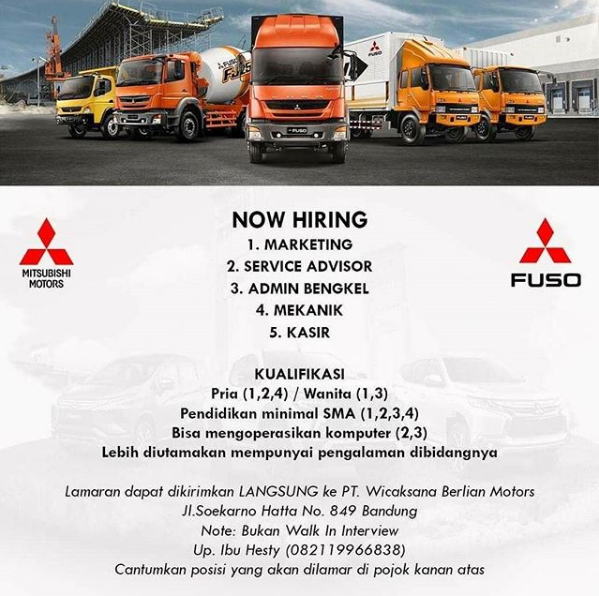 Lowongan Kerja PT Wicaksana Berlian Motors Bandung (Dealer Mitsubishi) 