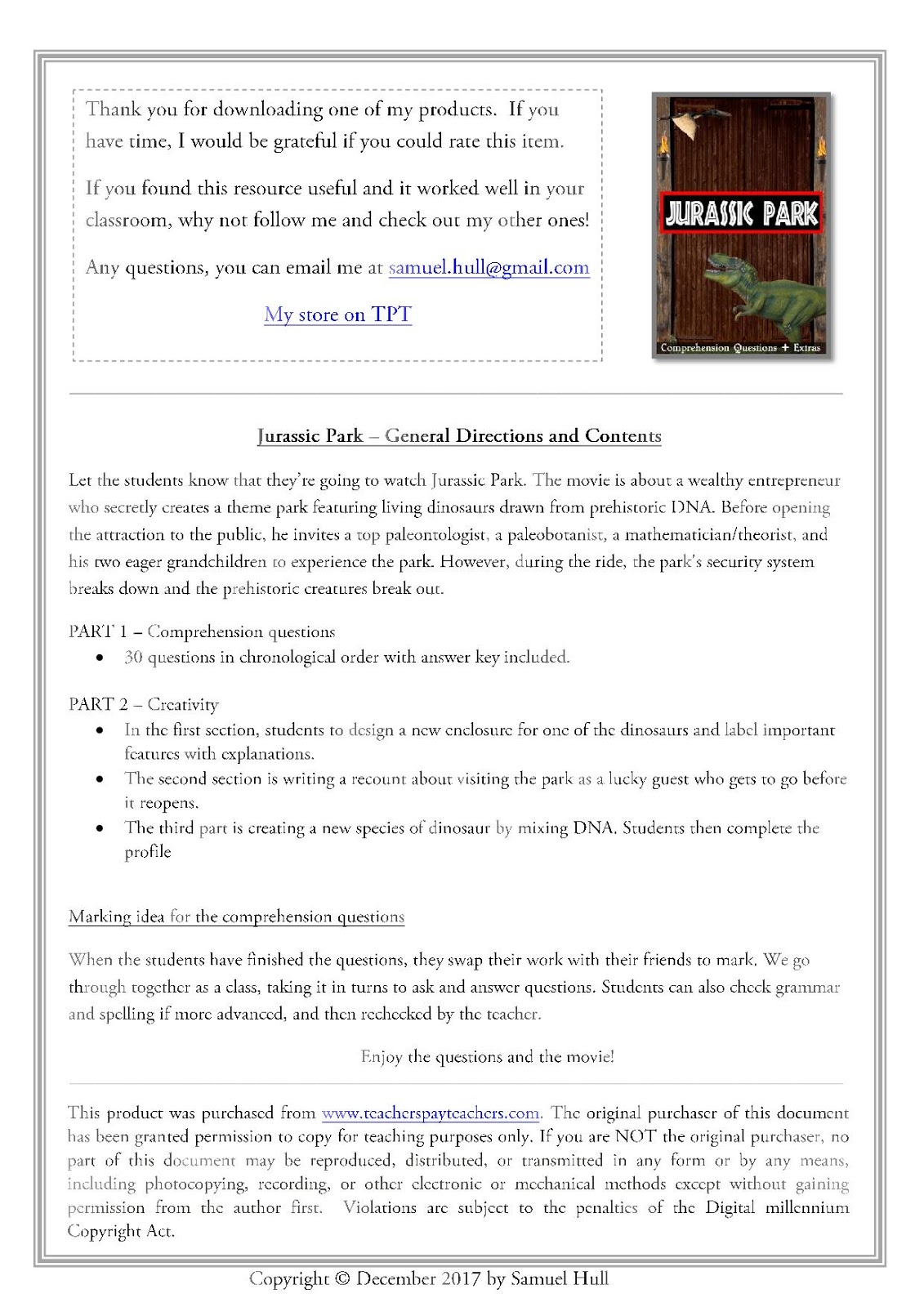 Jurassic Park Movie Guide Activities Answer Key Inc Movie Guides And Comprehension Questions