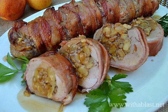 Sage Apple Stuffed Pork Tenderloin in Bacon only has 7 Ingredients in this Main dish ! Juicy, tender and bursting with flavor ~ and the BEST part = all wrapped in Bacon !