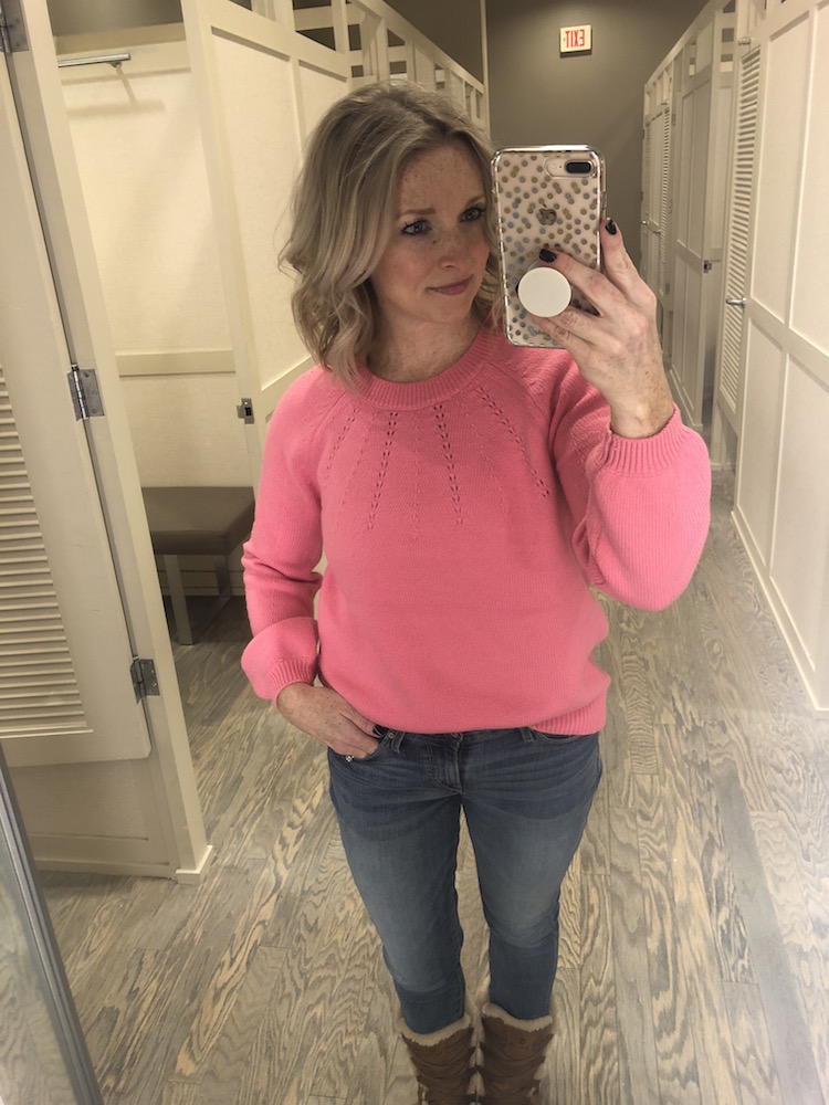 pink cozy sweater with skinny jeans
