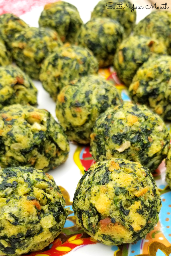 Spinach Balls! An easy, crowd-pleasing appetizer recipe using spinach, parmesan cheese and herb stuffing.