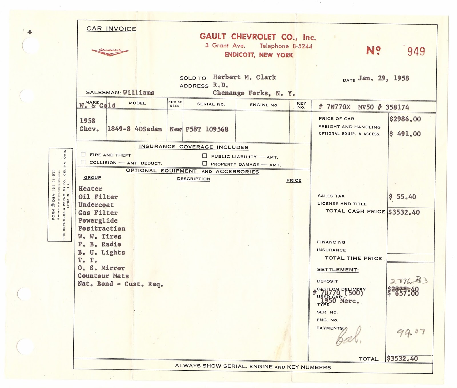 Car Culture Notebook 1958 CHEVY BEL AIR The Anatomy of a Sales Ticket