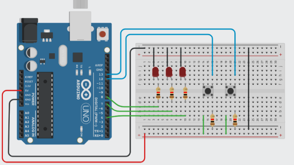 Circuito con tres leds y dos interruptores, controlados por placa Arduino, capaz de realizar cualquier tarea factible para leds e interruptores, en función del software de control cargado en la citada placa.