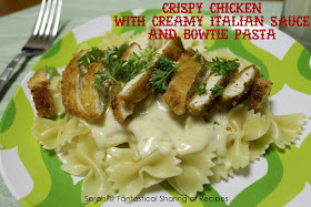 Crispy Chicken with Creamy Italian Sauce & Bowtie Pasta. Everything you would want in a dinner - crunchy chicken, smooth, creamy, rich sauce, and pasta! #chicken #pasta