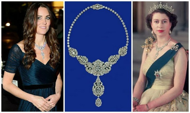 Catherine, Duchess of Cambridge wore  diamond necklace borrowed from the Queen at The  Portrait Gala