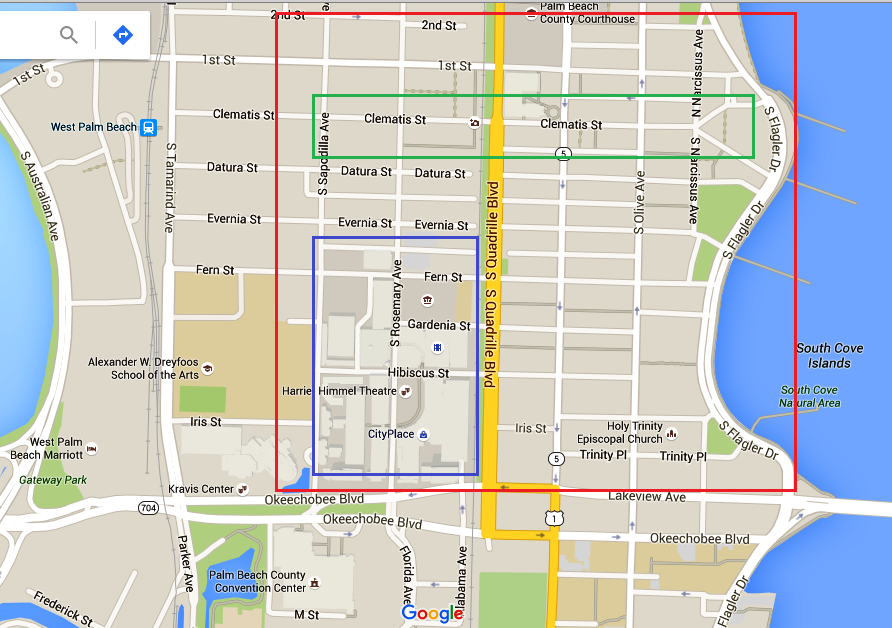 West Palm Beach Happy Hour Map of Downtown Area