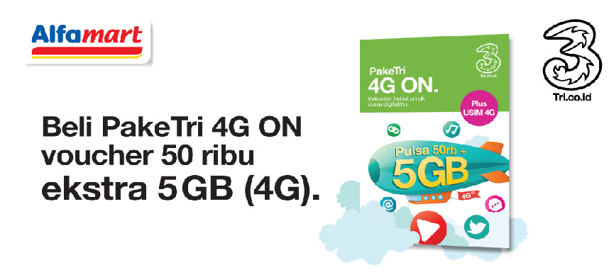 Beli Paket Tri 4G On di Alfamart, Bonus Voucher Pulsa 50