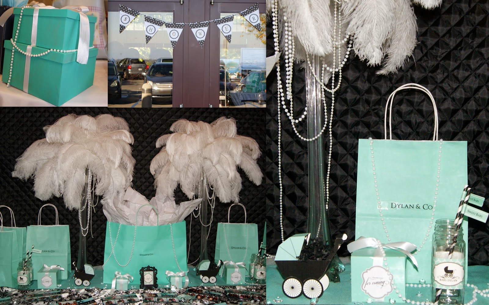 breakfast at tiffany's theme, feather centerpieces, ostrich feathers, tiffany bags, party inspiration, allthingsslim