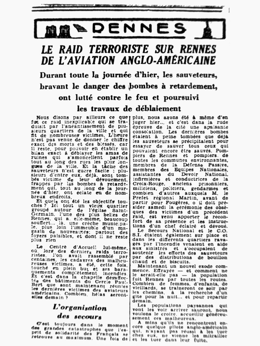 Article extrait de l'Ouest-Éclair du 10 juin 1944 - Edition locale - Les bombardement anglo-américains sur Rennes