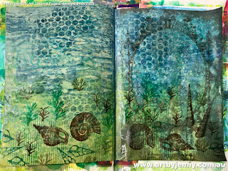 progress pic of under the sea stamped mixed media artwork created by Jenny J
