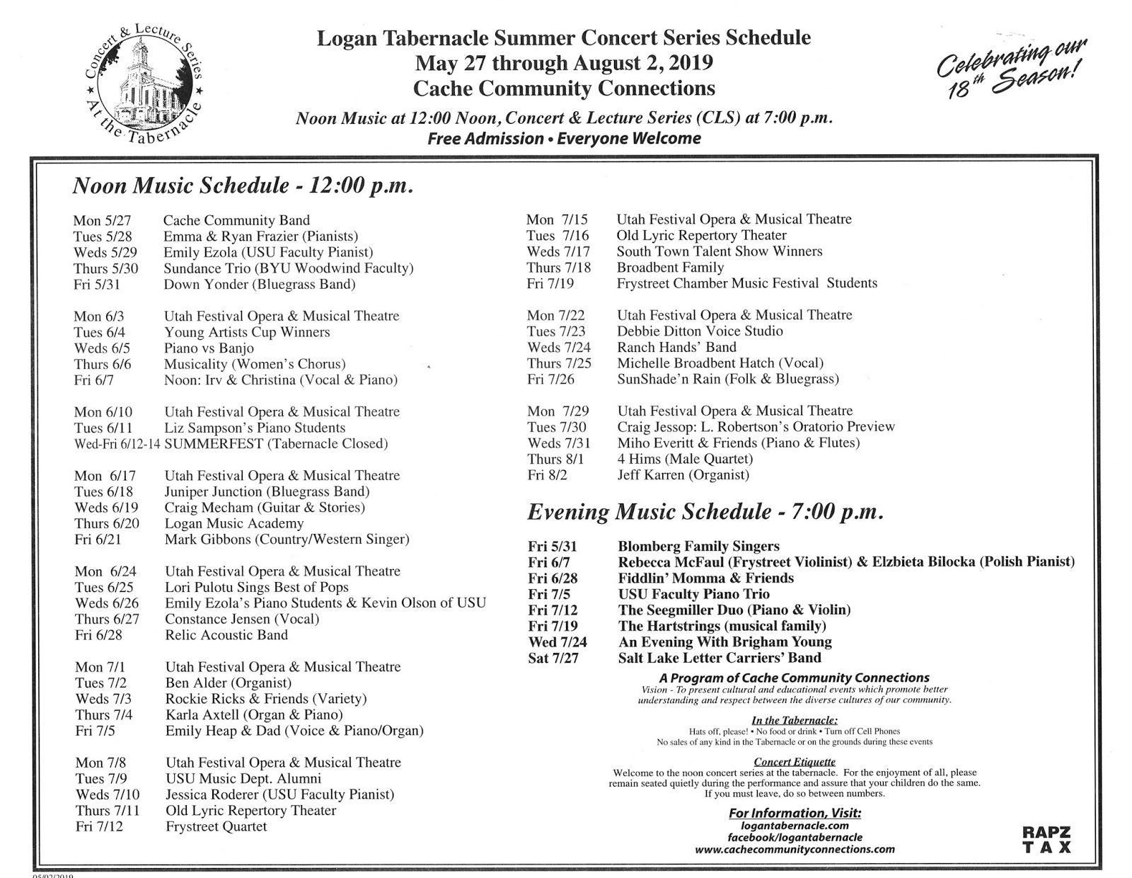 Logan Tabernacle Concert and Lecture Series: Tabernacle Summer Series Schedule 2019