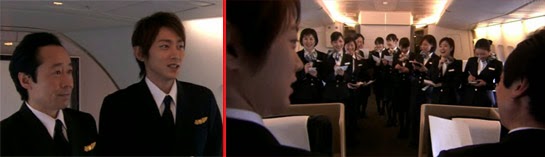 The captain and Tsutsumi giving the briefing to the cabin attendants in the plane.