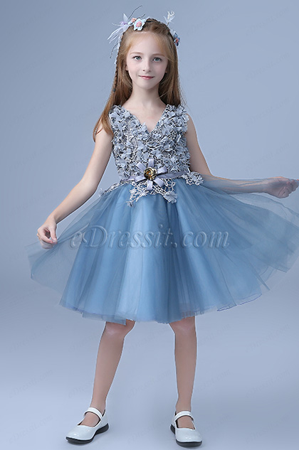sleeveless short wedding flower girl dress blue