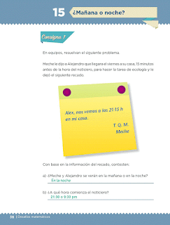 Respuestas Apoyo Primaria Desafíos matemáticos 5to grado Bloque I lección 15 ¿Mañana o noche?