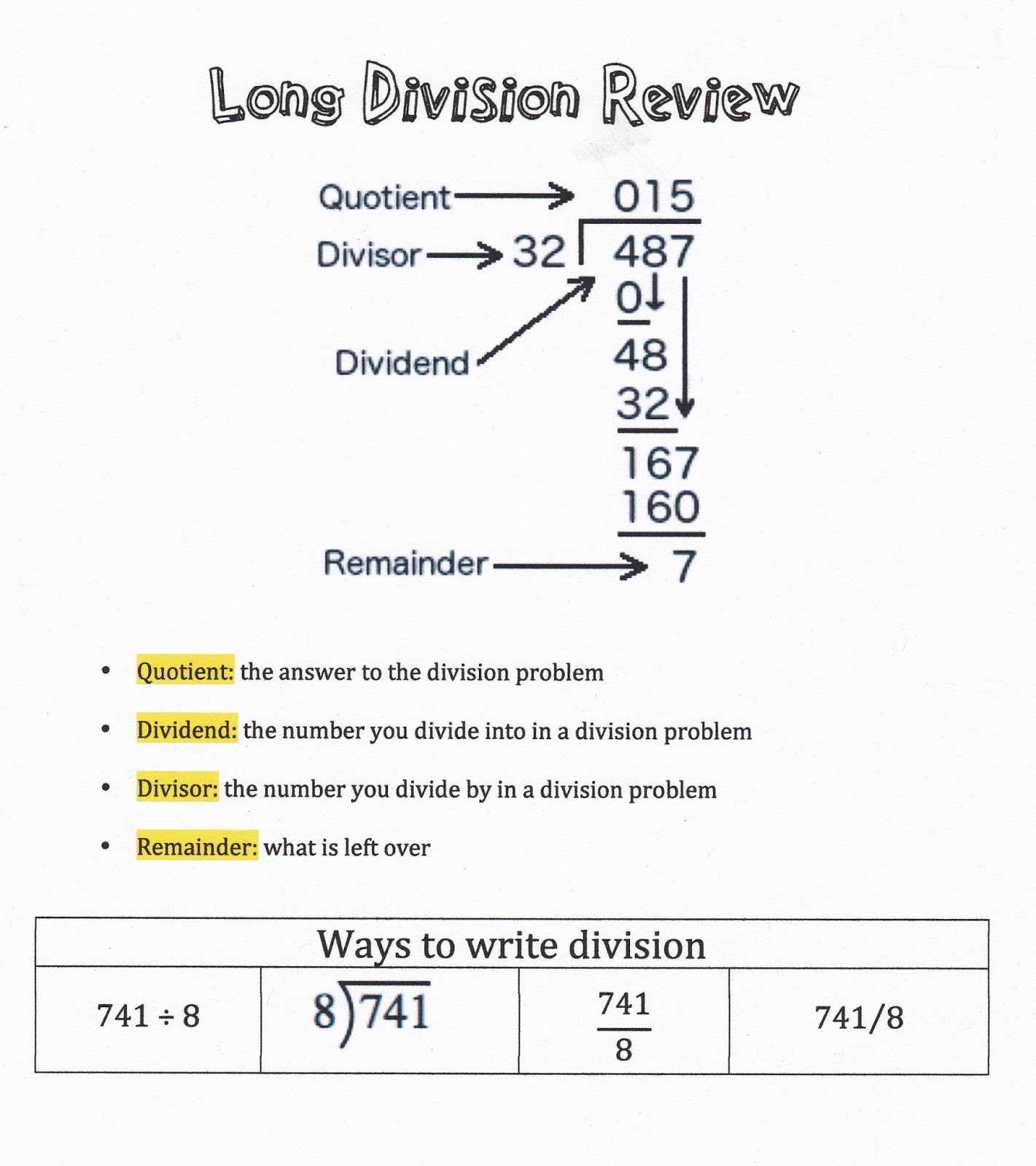 Arrowhead Middle school 7th grade Math: Long Division Review