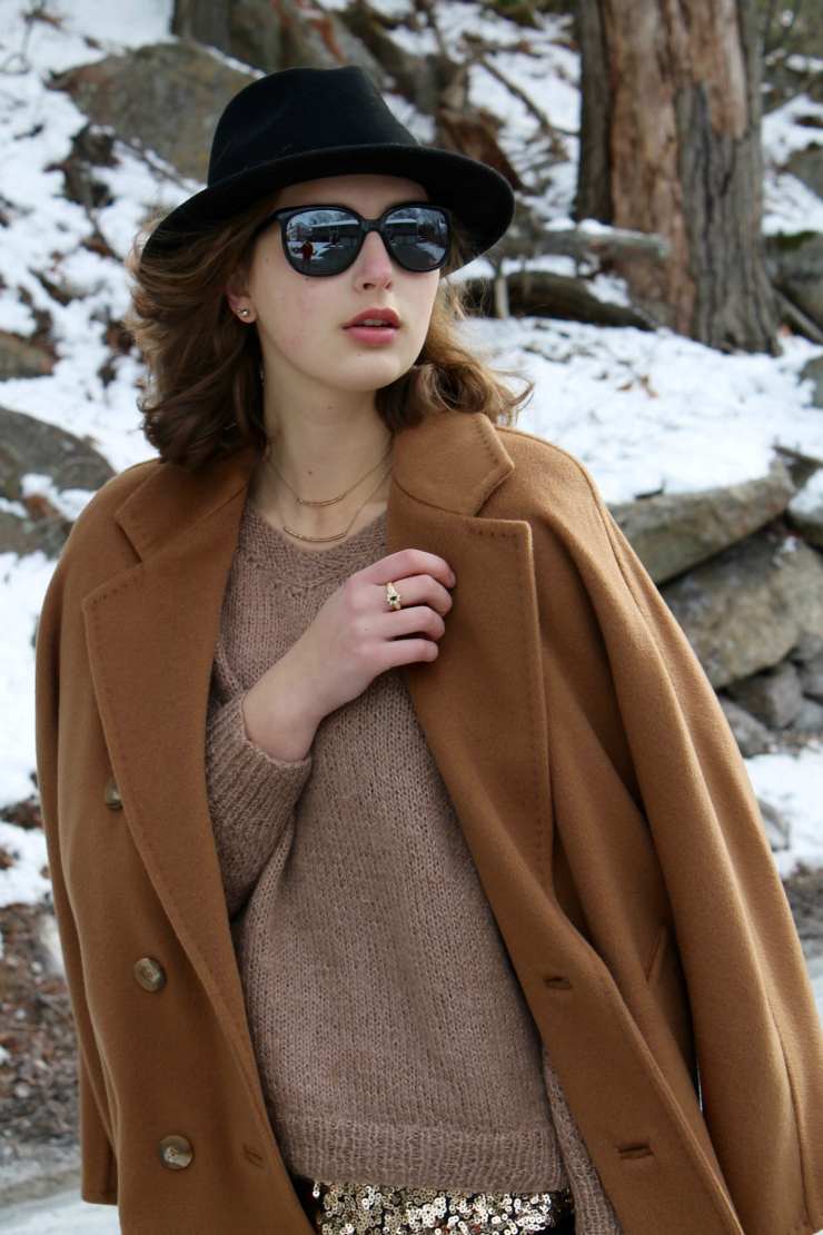 sequin shirt and camel coat